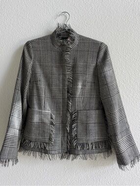 Vintage HARVE BENARD Wool Houndstooth Fringe Zip Jacket Coat Black White SZ 4